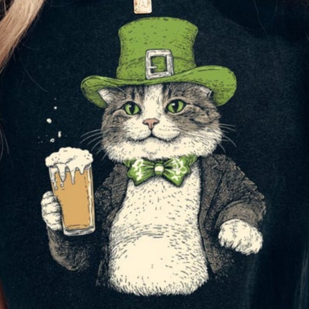 Funny Drunk Irish Cat T-Shirt, Lucky Cat Graphic Tee - Picture 2 of 4